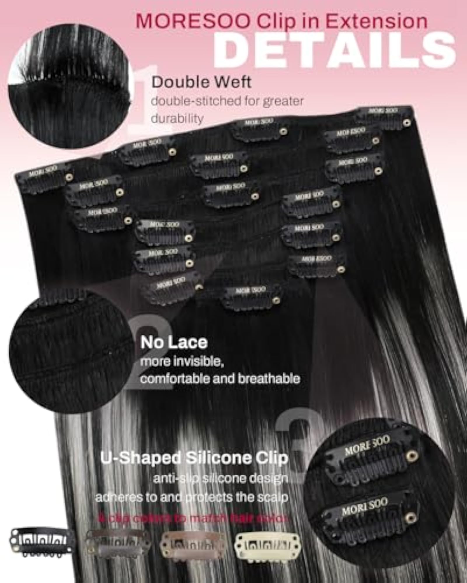 24 Inch Clip-In Extensions Human Hair Balayage, Off Black to Silver Grey